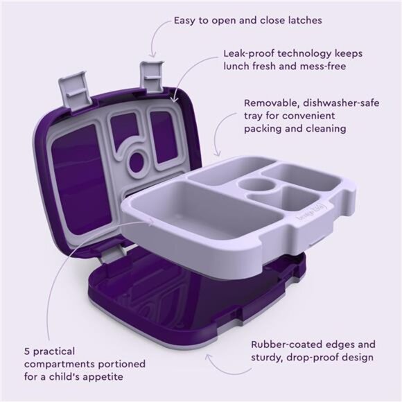 Kids Unicorn Purple Prints Leak-Proof 5-Compartment Bento-Style Lunch Box - Picture 5 of 6